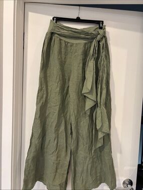 Italian  linen  Wide Leg Linen Pants with Wrap Tie in Olive Green